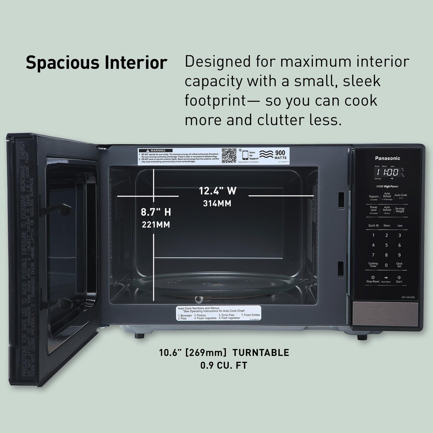 Panasonic NN-SB438S Compact Microwave Oven, 0.9 cft, Black Stainless Steel