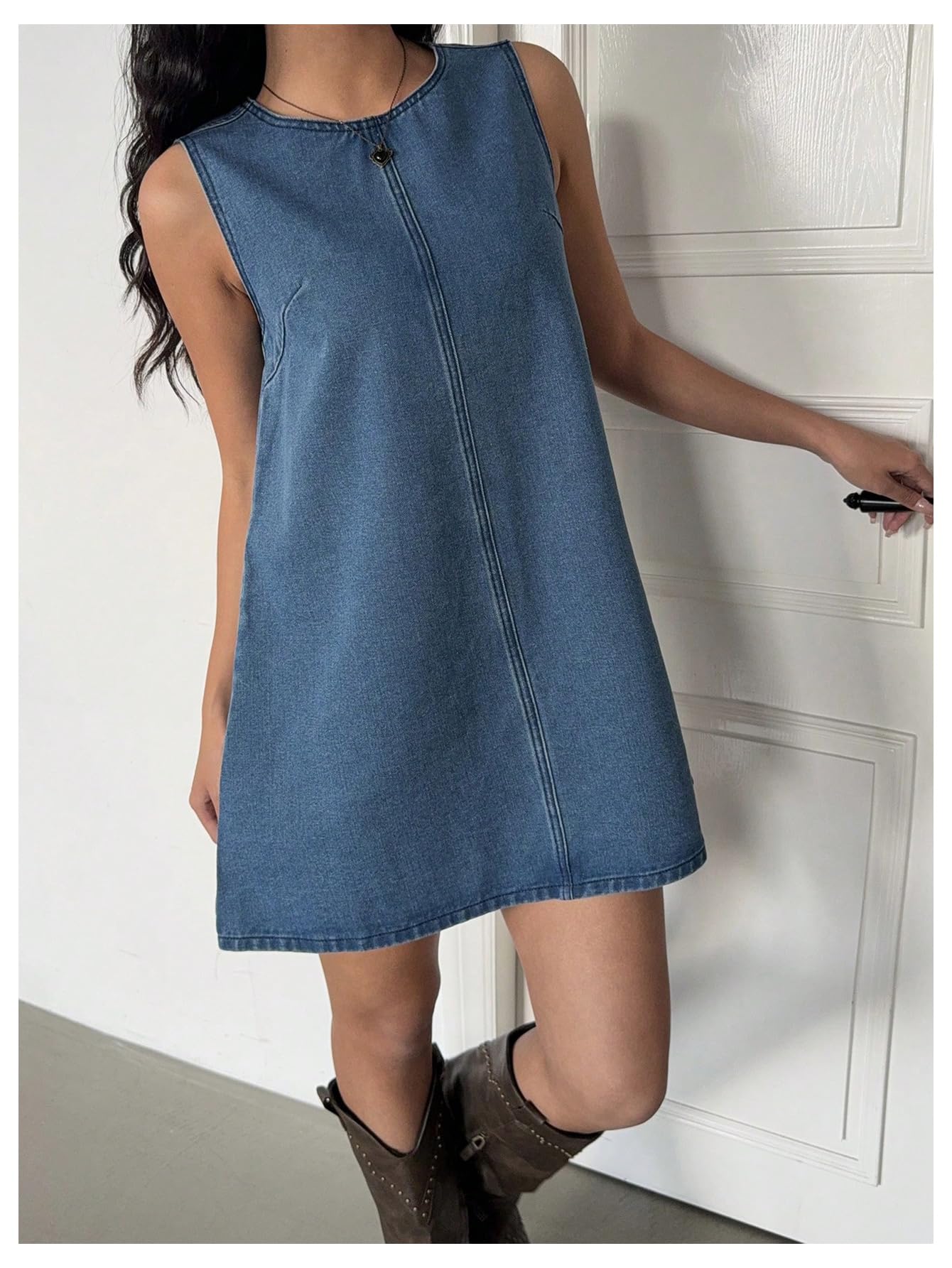 Condition photo showing New/Like New for milumia women's bow tie back denim sundress crew neck sleeveless flared short dresses
