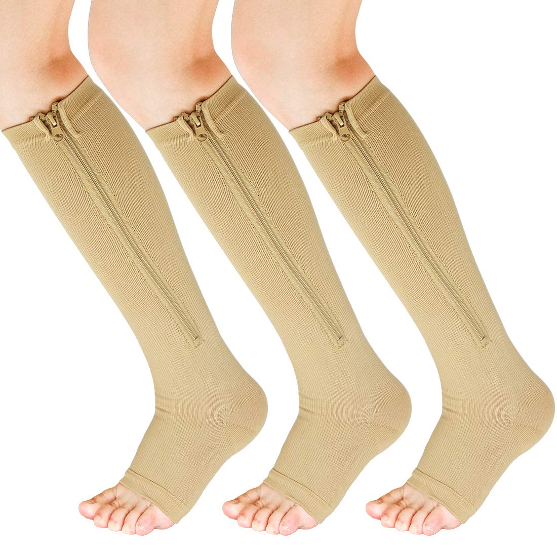 Easy On Zip compression Socks For Men Women With Toe Open Design Zipper Leg Support Knee-High Stockings, Skin, L/XL