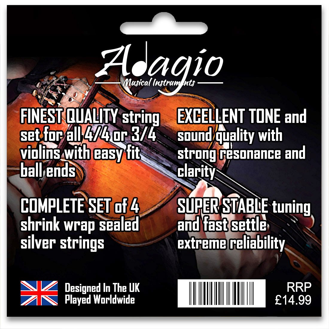 Adagio Pro Violin Strings 4/4 Classic Silver Violin String Set