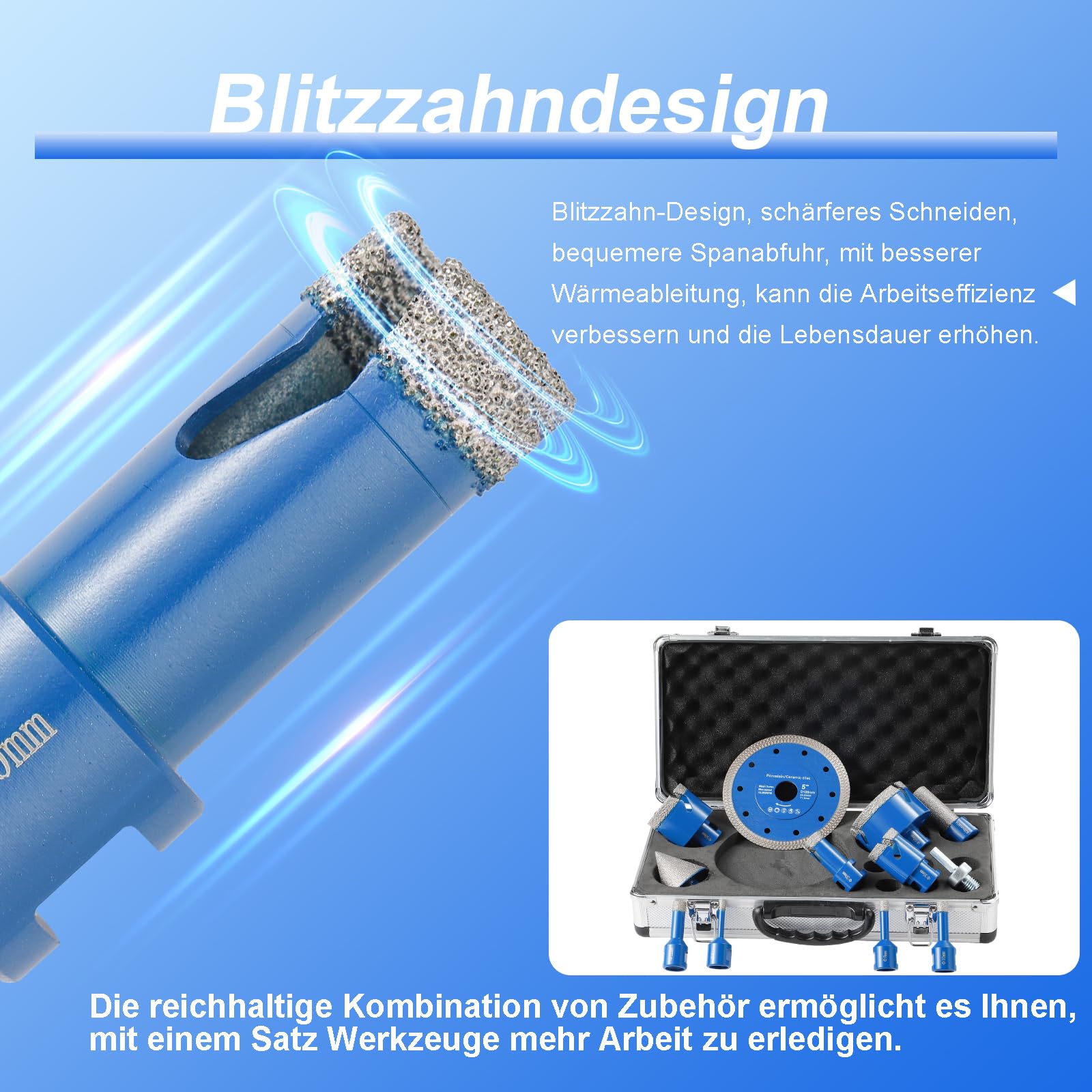 DWIKE 12tlg Diamant Fliesenbohrer Set 6/8/10/12/20/35/50/68mm M14 Diamant Bohrkrone Lochsäge mit 125mm Trennscheibe mit 50mm Fasenbohrer ein Adapter Für Winkelschleifer Lochsäge Set Granit Fliesen 4