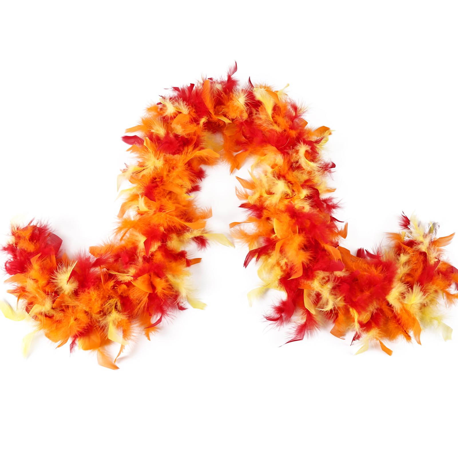 Photo 1 of MAOFENG Chandelle Turkey Feather Boa 1.64 Yards 30g for Halloween Dancing Wedding Party DIY Craft Costume Decoration Feather Boa,Red Orange Yellow