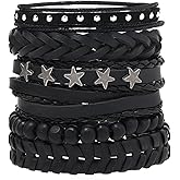 Kprusoian Punk Leather Rock Bracelets for Men Women,Retro Beads Bracelets Set Black Gothic Steampunk 80s Wristband for Biker Hip Hop Vintage Accessories Jewelry