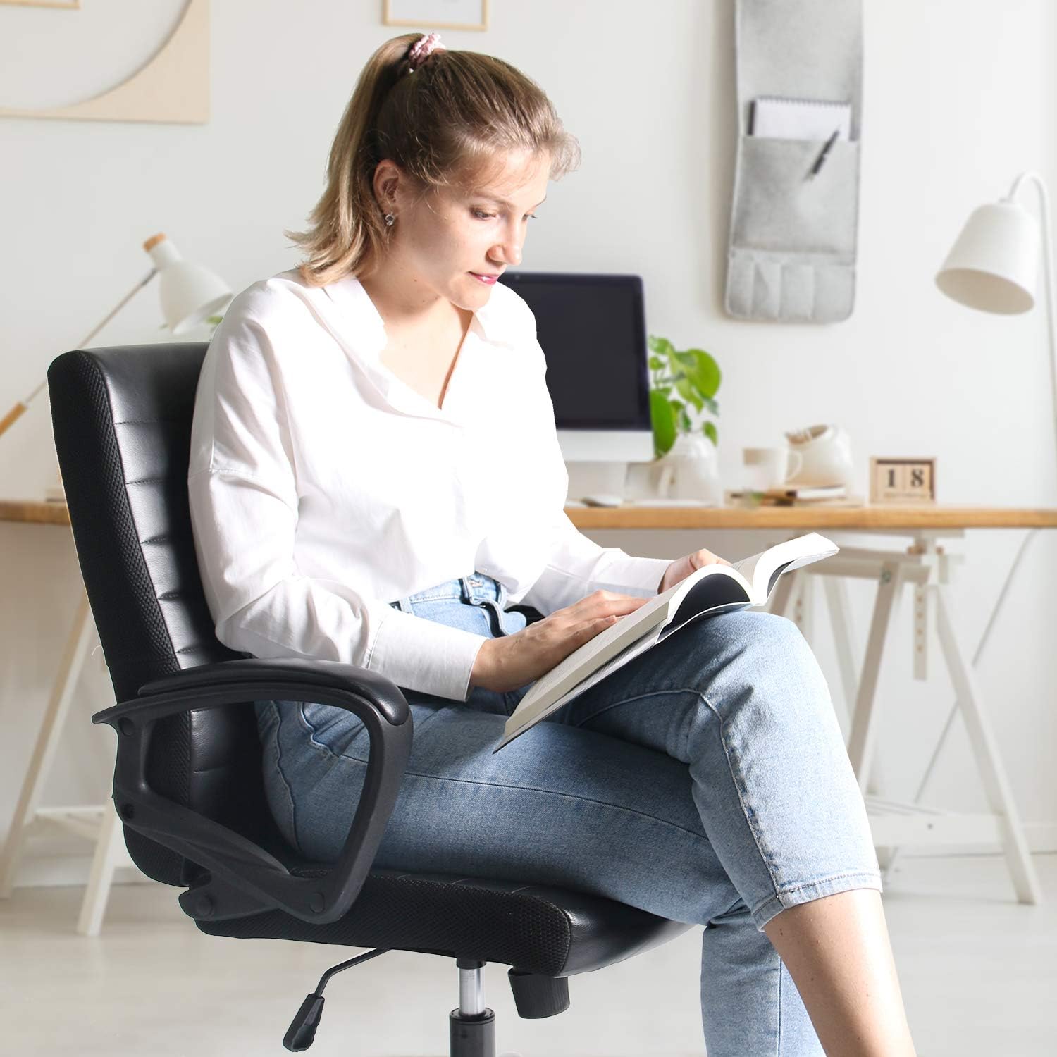 Office Chair Bonded Leather, Ergonomic Executive Computer Task Office Desk Chair Mid-Back with Swiveling Casters for Home Office Conference Room: Kitchen & Dining