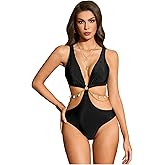OYOANGLE Women's One Piece Swimsuit Ring Linked Cut Out Bathing Suit High Cut Swimwear