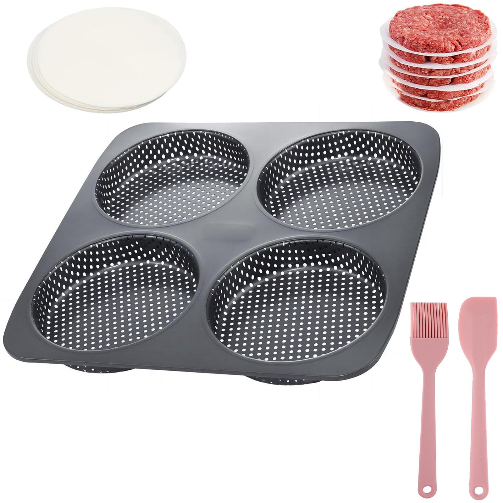 Photo 1 of HOMOMSAE Large Hamburger Bun Pan, 5 Inch Perforated Commercial Non-Stick Carbon Steel Baking Mold, 4-Cavity Big Baking Pan for Homemade Hamburger Buns Meat Pie Bread Mini Pizza