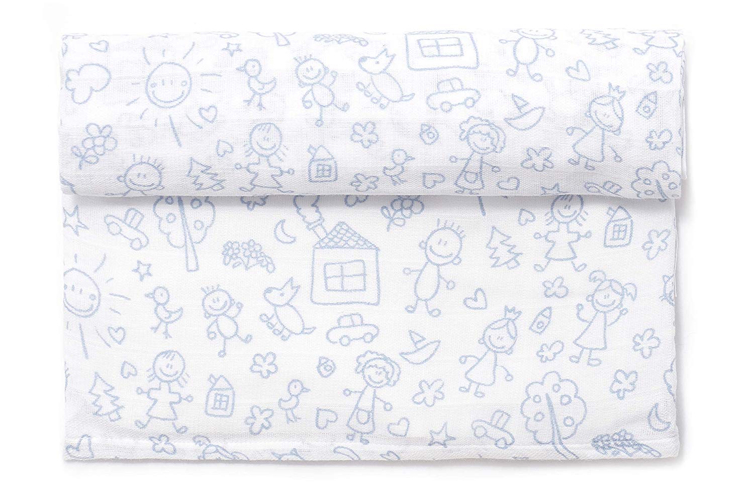 Ti TIN Muslin 100% Cotton 120 x 120 cm, Breathable, Light and Soft, Ideal for Babies 0-36 Months, Easy Wash and Dryer, Made in Spain, Children's Drawings Print Sky Blue