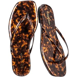 mazeskin Womens Memory Foam Flip Flops Leather Flat Sandals | Vegan Leather Square Toe Cushion Summer Casual Comfortable Slim