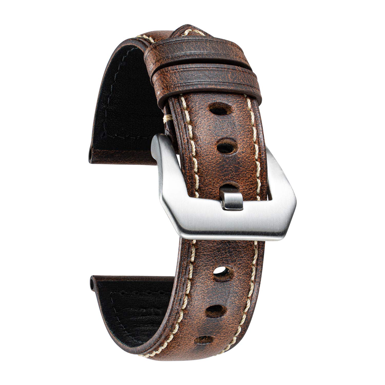 BINLUN Retro Leather Watch Strap for Men 18mm 20mm 22mm 24mm 26mm Handmade Oil Waxed Leather Strap Replacement Vintage Watch Band Stainless Steel Buckle（Brown/Silver Buckle,22mm