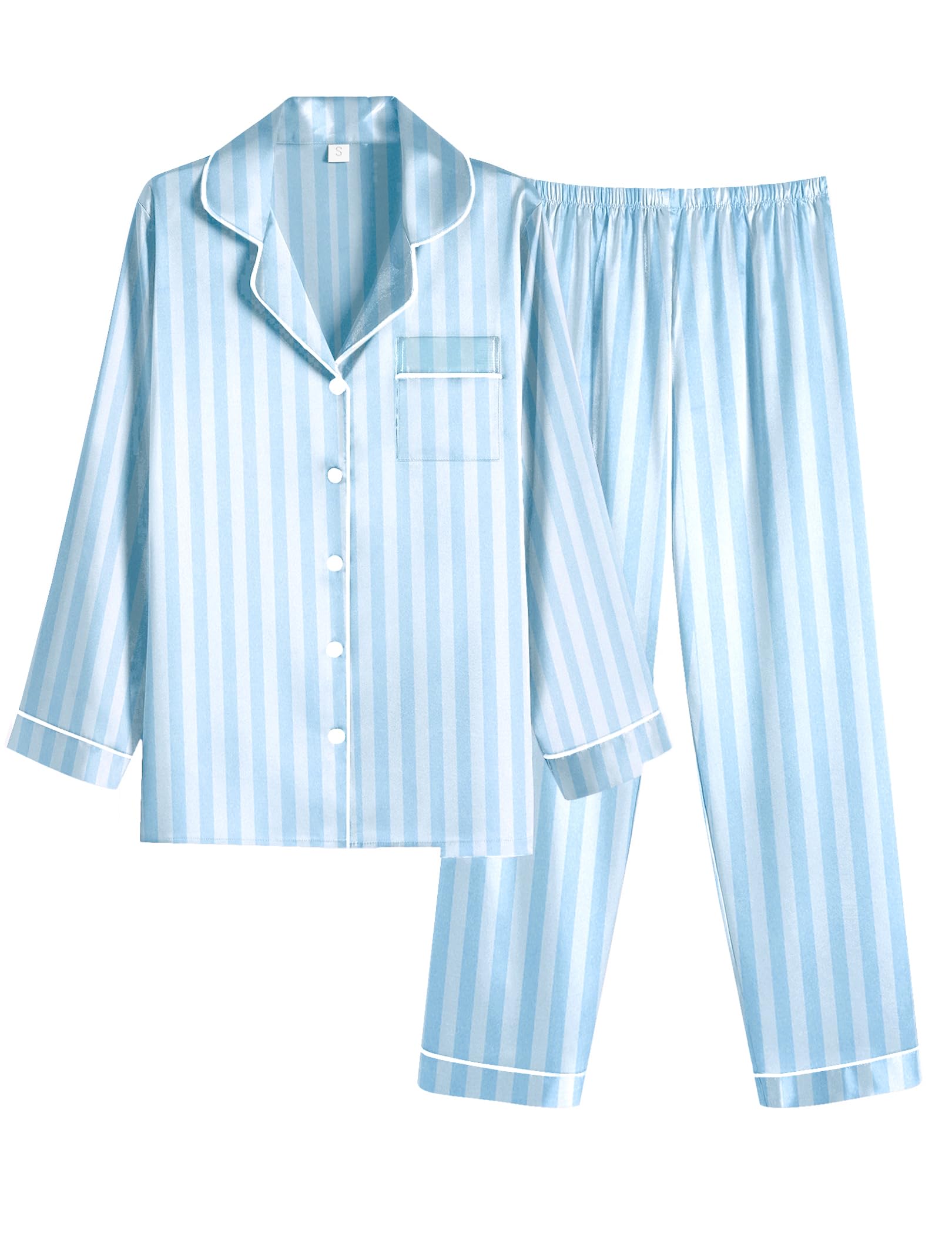 Ekouaer Women Satin Pajamas Set Classic Button Down Long Silk Pjs Set,Medium,Blue stripes Image