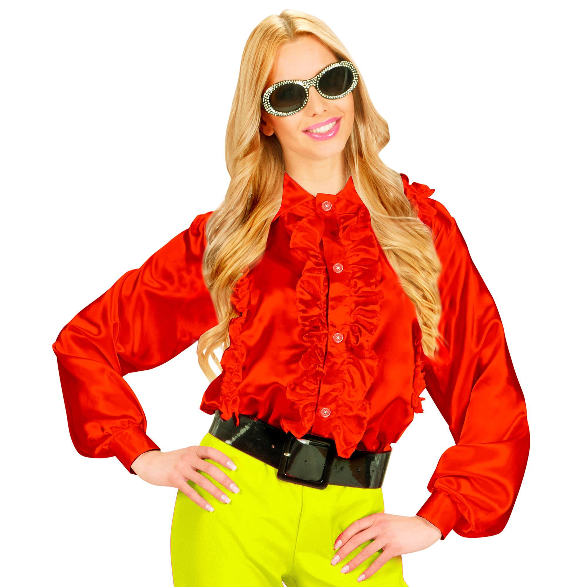 M Size Satin Red Ruffle Shirts Costume for 70s Travolta Night Fever Theme Fancy Dress