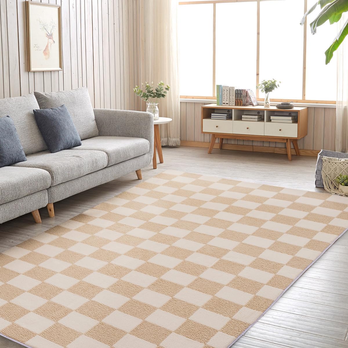 Photo 1 of Btargot 6×9ft Beige Checkered Area Rug for Living Room, Princess Prince Castle Modern Abstract Checkerboard Throw Rugs Anti-Skid Fluffy Plush Carpet for Kids Boys Girls Home Nursery Decorative