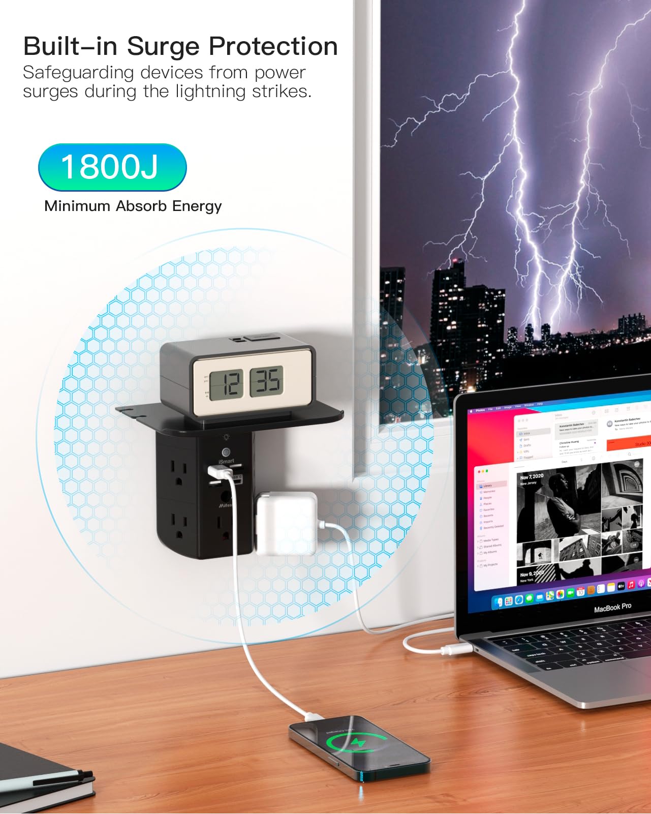 Wall Outlet Extender with Shelf and Night Light,Surge Protector,USB Wall Charger with 5 USB Outlets and 3 USB Ports 1 USB C Outlet