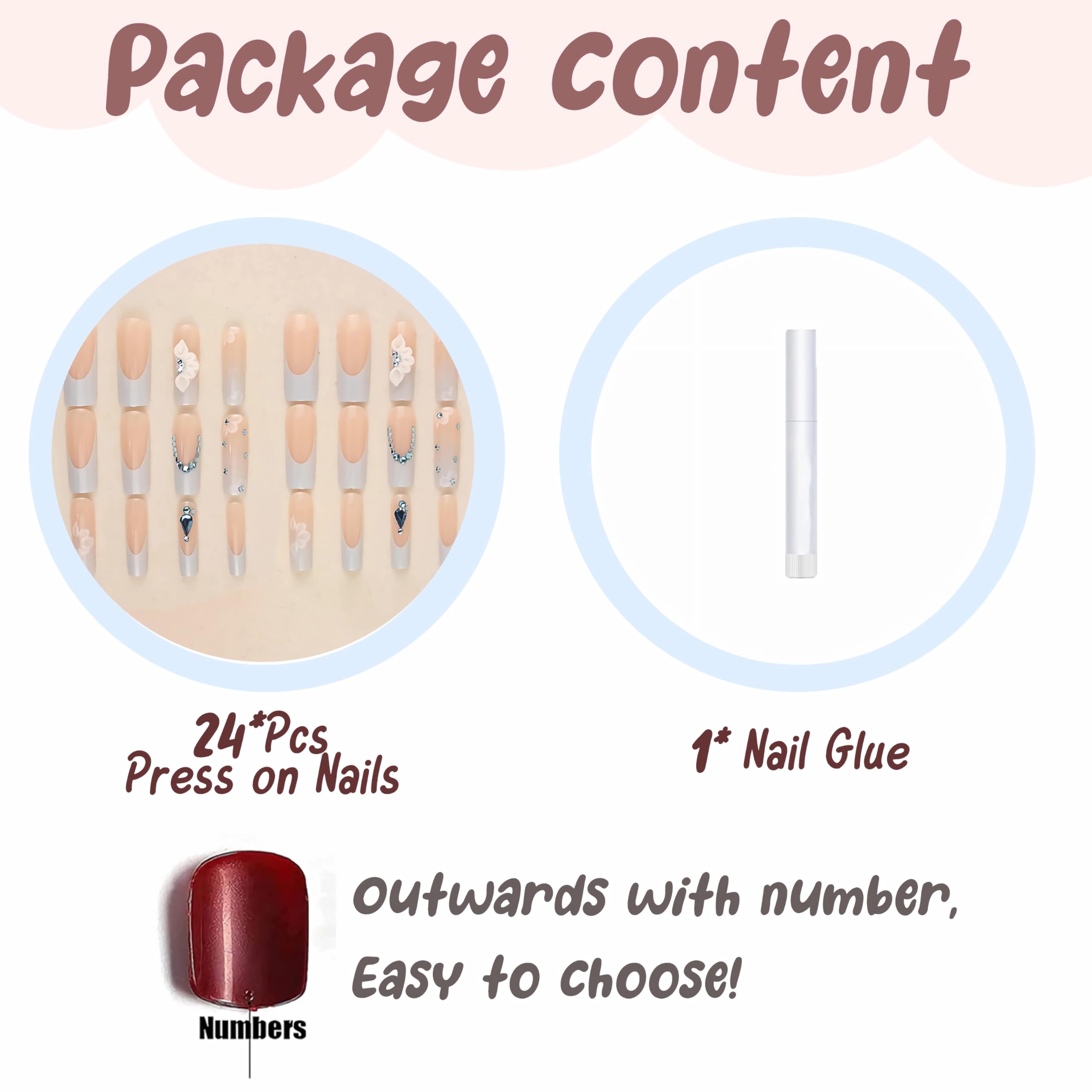 BABALAL Blue Press On Square French Tip Glue On Nails - 24Pcs Bling Rhinestone Full Cover False Nails with 3D Flower Design & Acrylic Finish - Image 4