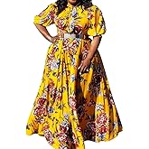 VERWIN Plus Size Floor-Length Print Half Lantern Sleeve Floral Women's Maxi Dress Expansion Dress