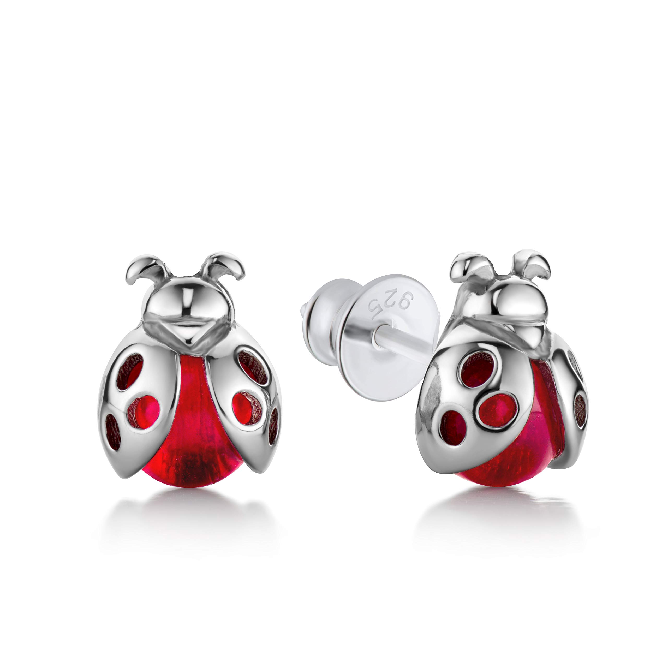 Butterfly Childrens Silver Earrings With Red Ladybug Design In Sterling Silver