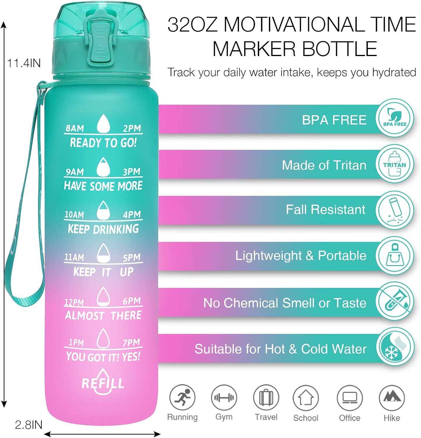 KEEPTO 32oz Water Bottle with Straw - Motivational Water Mugs with Time Marker & Removable Strainer, Fast Flow BPA Free for Fitness, Gym, School and Office(Included Straw Brush) : Sports & Outdoors