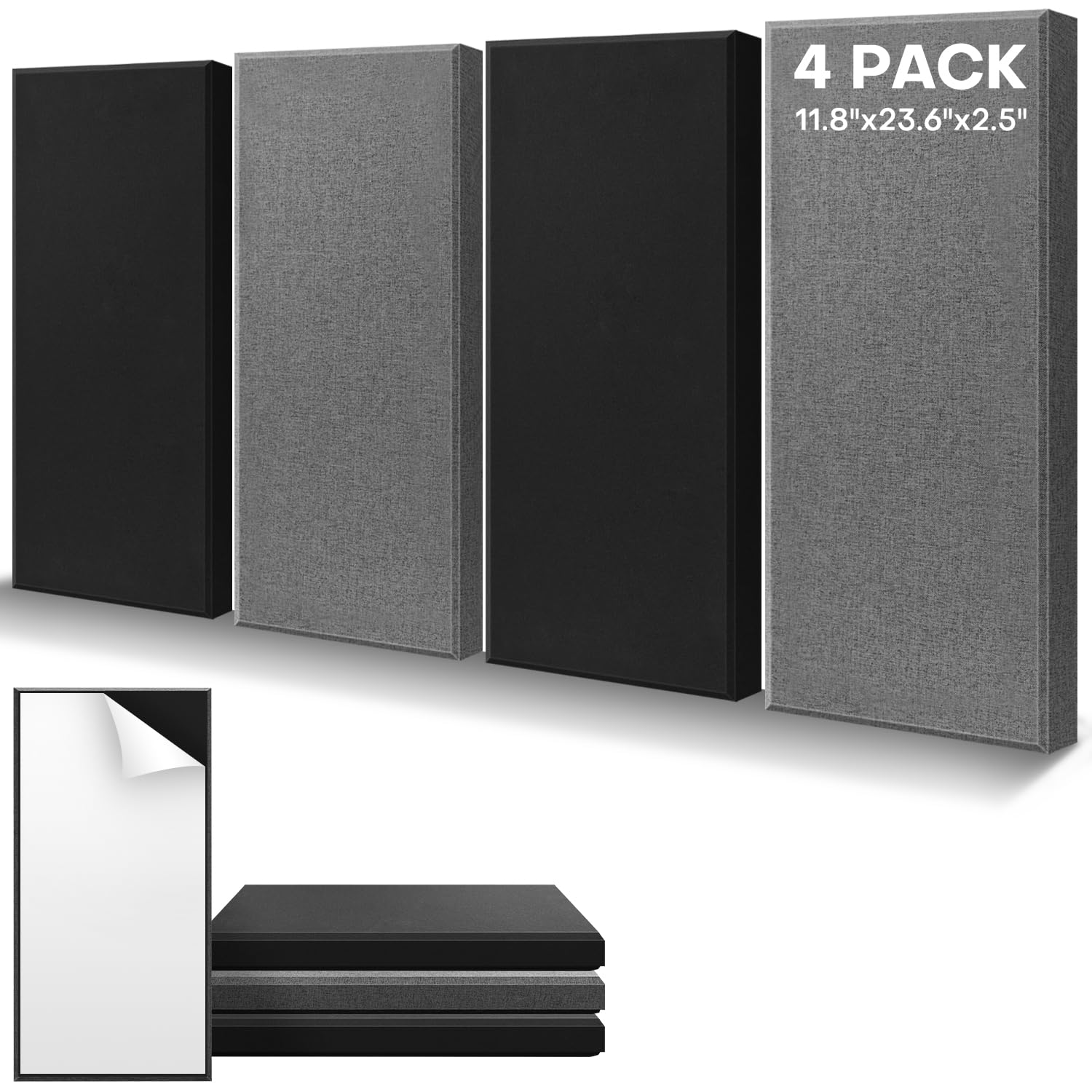 Photo 1 of 4Pack Fiberglass Acoustic Panels, Self Adhesive Sound Proof Foam Panels for Walls, Sound Dampening Panels for Studios, Office, Home Soundproofing Absorbing Noise Reducing, 23.6x11.8x2.5" Black Grey