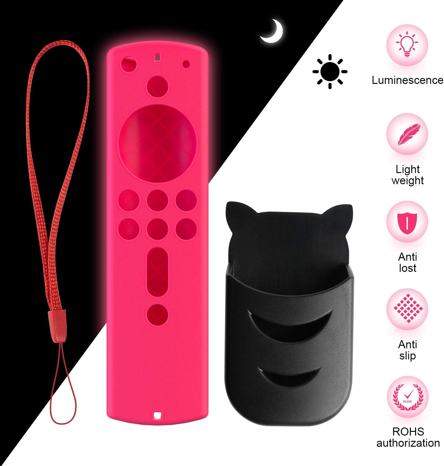 Set Pink Glow Remote Cover and Remote Holder, Silicone Remote Cover for 4K Firestick