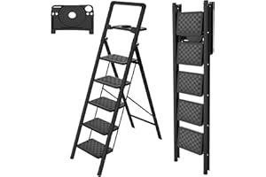 HBTower Step Ladder, 5 Step Ladder Folding Step Stool with Tool Platform,600 lbs Portable Sturdy Steel Ladder for Adults Home