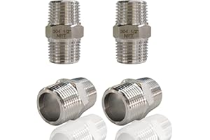 ZOUNI 4PCS Hex Nipple 1/2" Male x 1/2" Male Pipe Fittings, 304 Stainless Steel 1/2 inch NPT Male Threaded Pipe Adapter Fittings Equal Nipples Connectors, Male Straight Connector Pipe Fitting