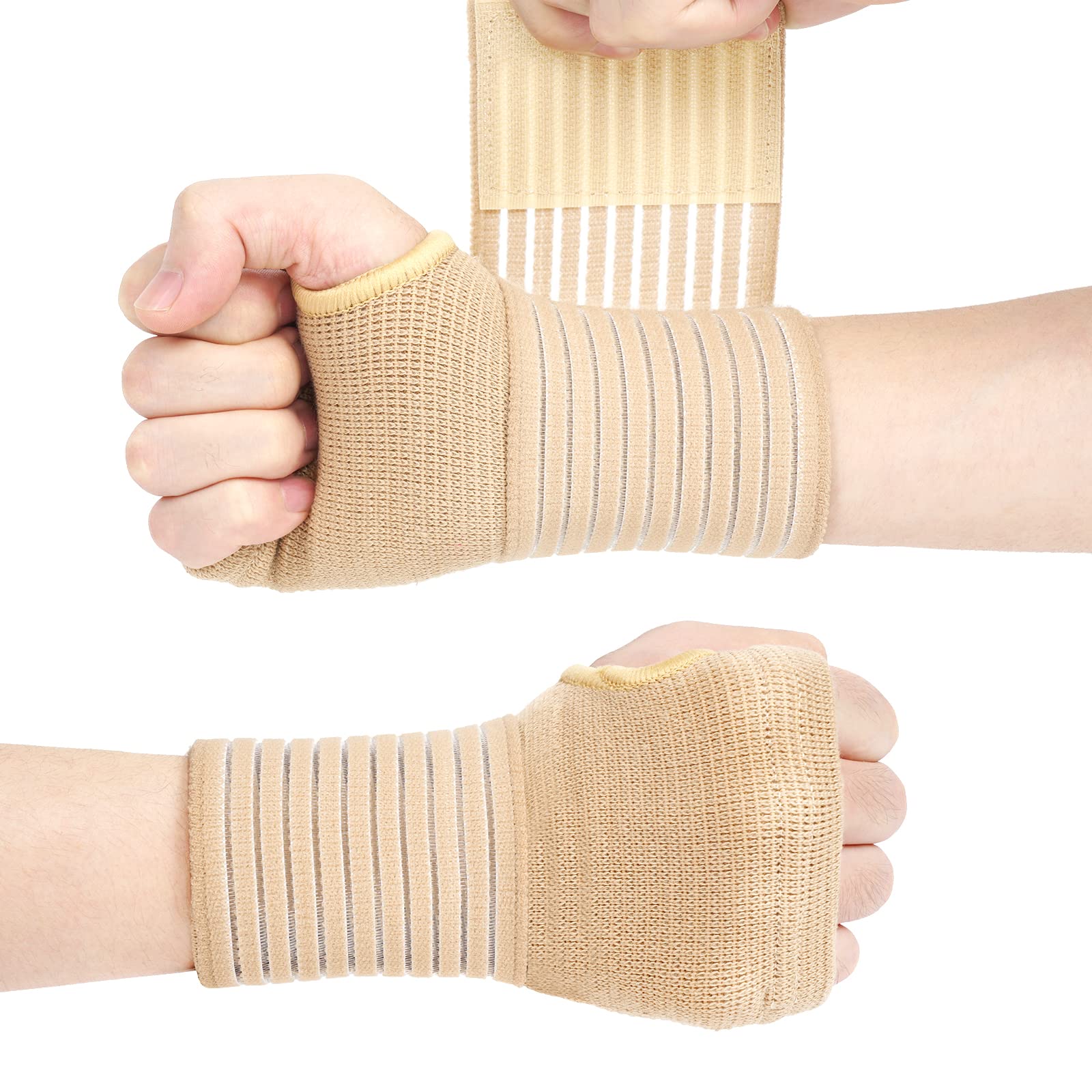 ACWOO Wrist Brace, 2 Pack Elastic Wrist Support with Strap, Wrist Compression Wrap Adjustable Wrist Strap Relieves Wrist Pain, Tendonitis, Sports Use for Men and Women, Right & Left Palm Support Beige
