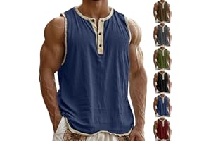 Men's Oversized Tank Tops Cotton Linen Sleeveless Henley Shirts Color Block Athletic Workout Shirt Muscle Gym Cozy Summer Tee