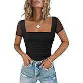 Chunpin Women's Bodysuits Square Neck Long Sleeve Bodysuits Mesh Ruched Thong Body Suit Outfits Going Out Tops