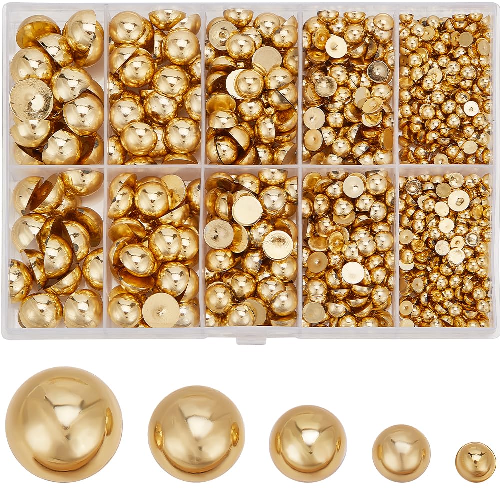 SUNNYCLUE 1 Box 70G 4~12mm Half Pearl Nail Charms Gold Nail Beads Bulk ABS Plastic Multi Size Flatback Makeup Pearls Half Round Flat Back Cabochons for Nails Art Design DIY Crafts Making Decoration