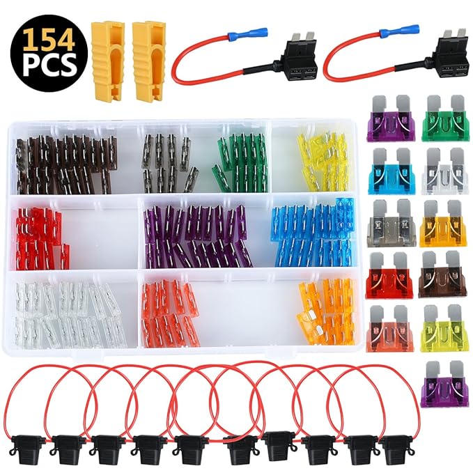Tefeler 140 Stück Standard KFZ Sicherungen Set Auto Flachsicherung 2A - 40A + 10PCS wasserdicht KFZ Sicherungshalter + 2PCS F