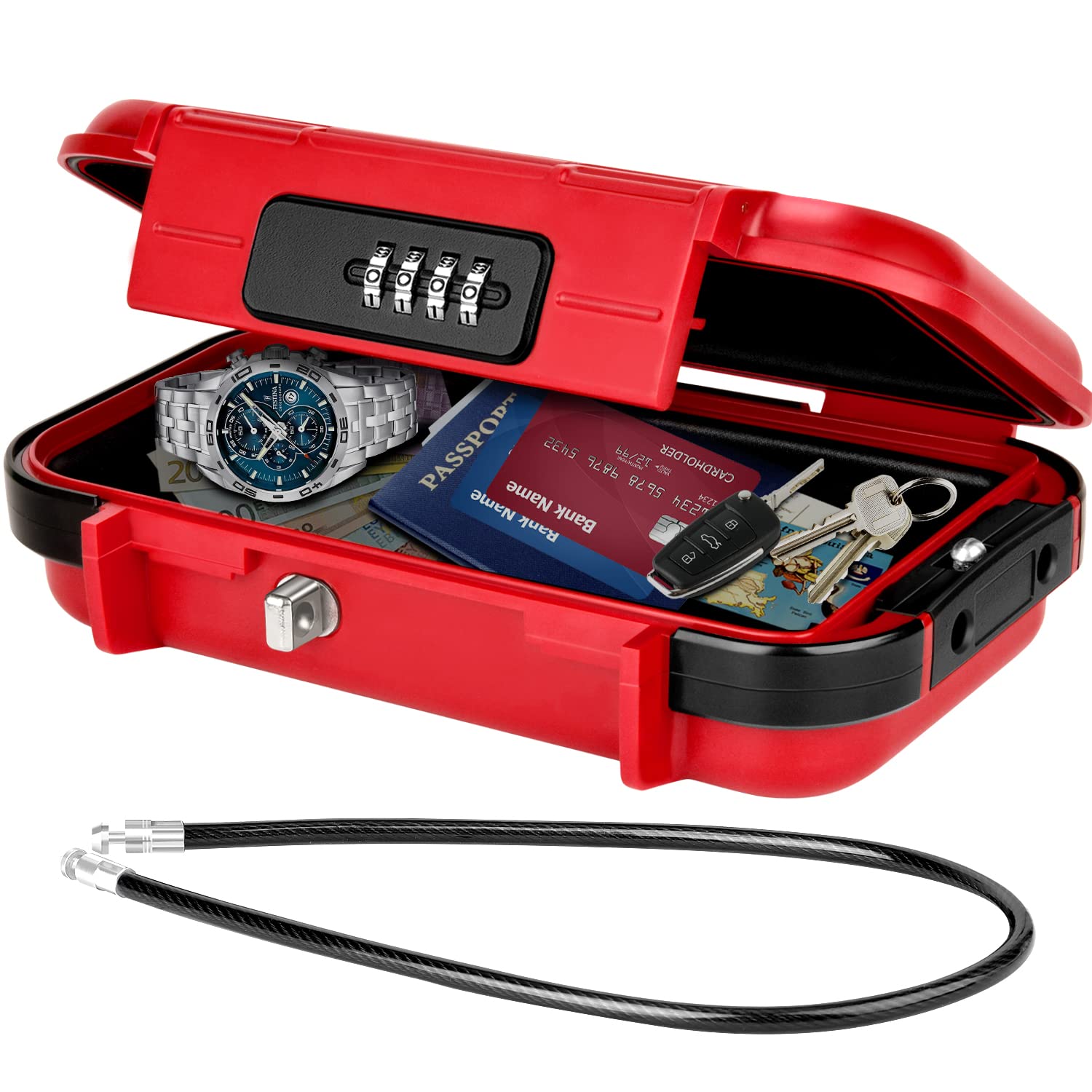 WACCET Portable Safe Box with Code, Combination Security Case Lock Box Waterproof Anti-Theft Mini Travel Safe with Removable Wire Rope Security Safe Box for Home, Office, Hotel, Cars,Travel etc