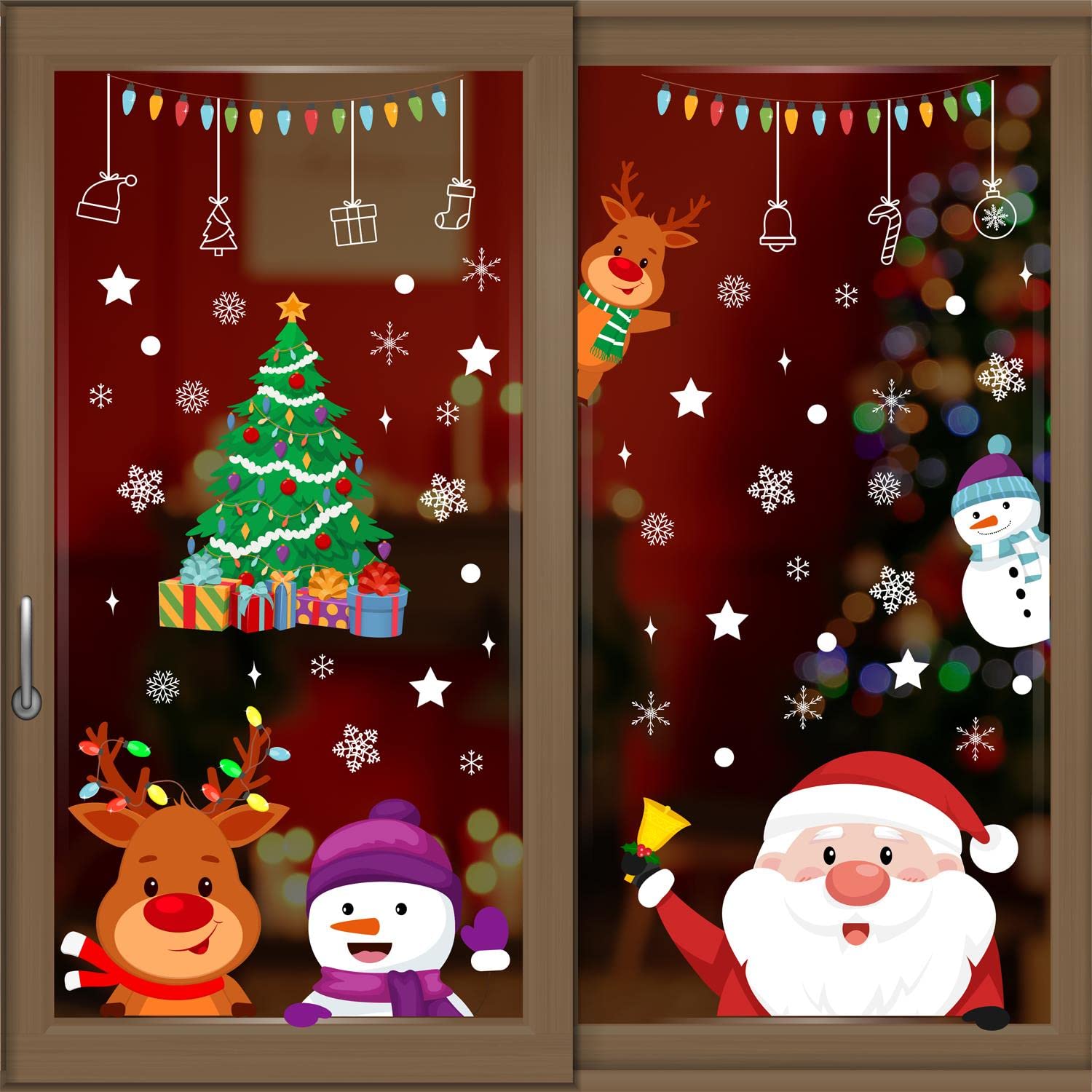 WALPLUS Christmas Window Stickers Clings Xmas DecorationReusable Double-Sided Print Decals for Glass Living Room Windows Display Home Décor Peeking Santa and Friends 55 Pieces, WSW4302, One Size