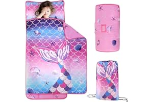 Wowelife Mermaid Toddler Nap Mat with Pillow, Mermaid Sleeping Bag for Girls, Preschool Nap Mats for Daycare, Kindergarten, Preschool, Sleepovers, Pink Purple