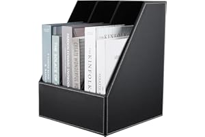 KINGFOM Desktop Wooden Leatherette Magazine File Holder-Organizer-3 Compartment Stand Rack-Papers Storage Box (black)