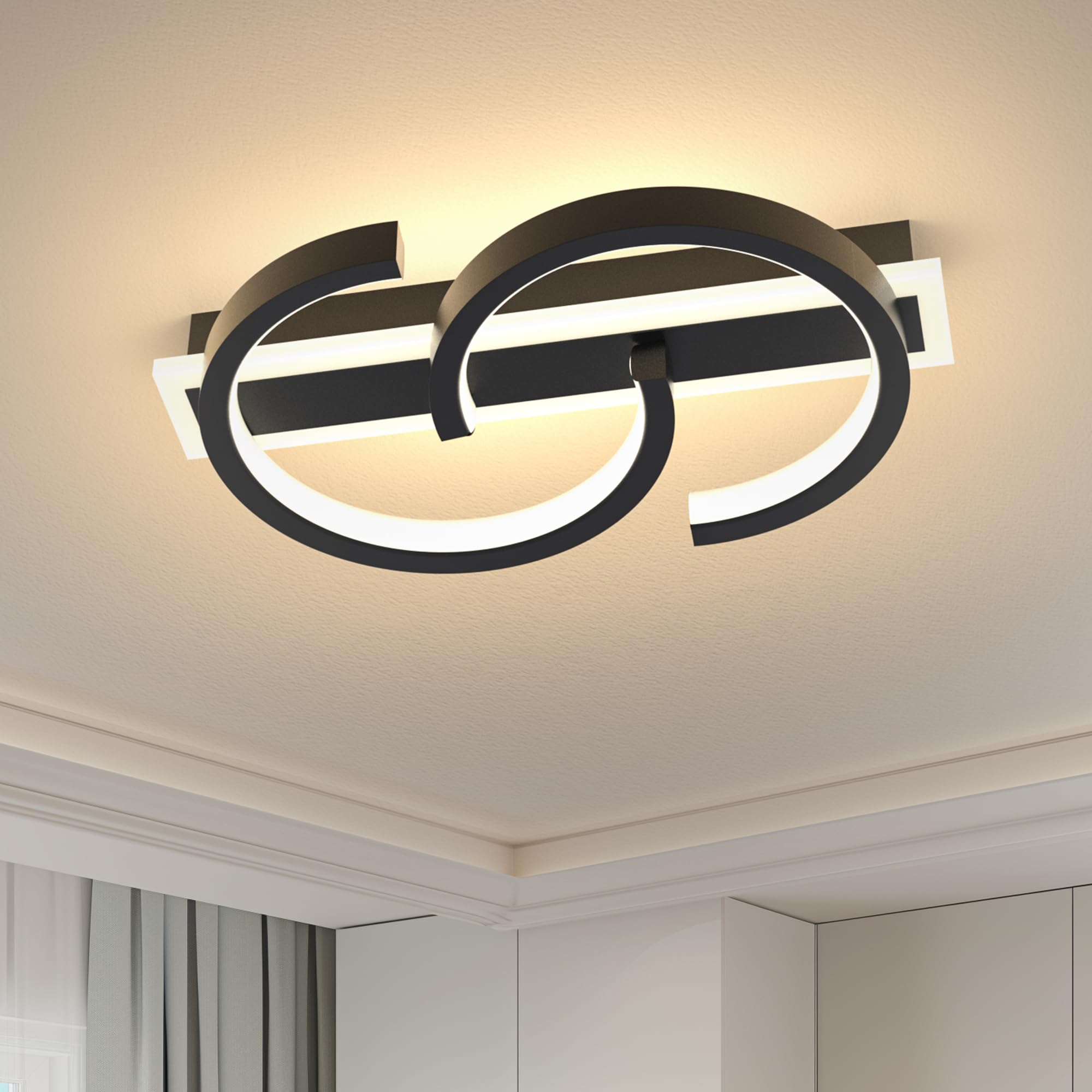 LUOLONG LED Modern Ceiling Lamp - 30cm Black Round Fixture, 25W 3000K Warm Light for Living Room, Bedroom, Study, Office