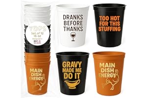 YOUR DREAM PARTY SHOP Friendsgiving Cups - Main Dish Energy Style(4 Unique Designs) - Set of 12 Funny Thanksgiving Cups 16oz Each - Happy Friendsgiving Decorations - Thanksgiving Party Favors for Adults