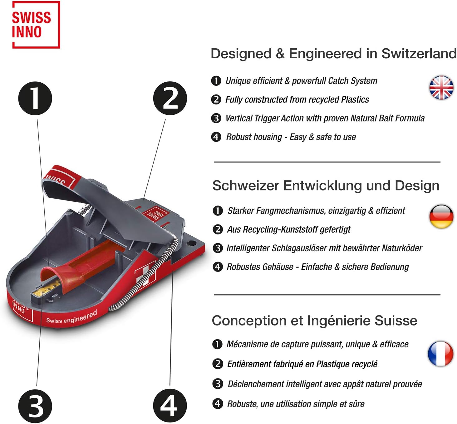 SWISSINNO Mousetrap PRO SuperCat, Efficient and Humane + Reusable mice traps with food bait, Catch + Kill instantly - Image 3