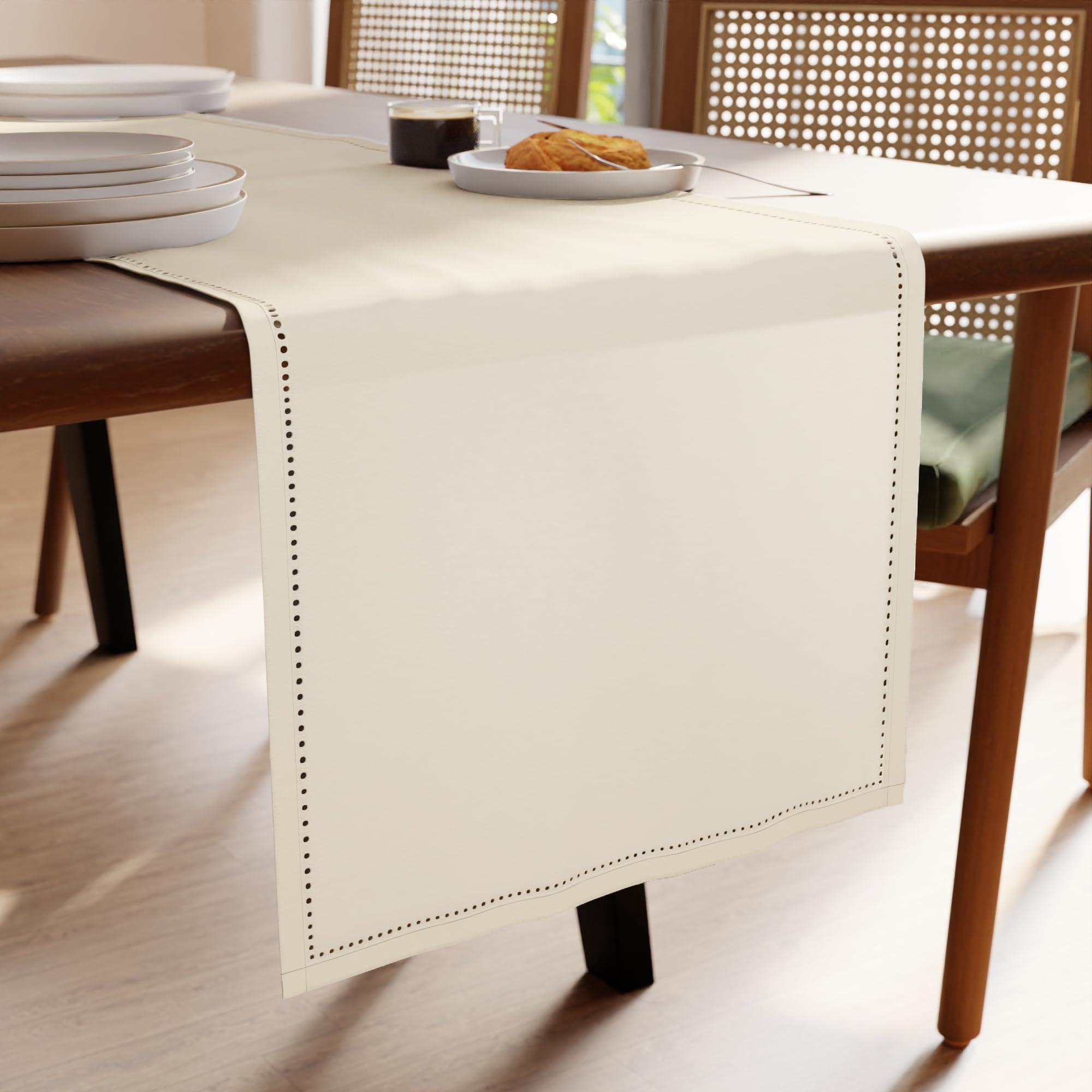 Encasa XO Dining Table Runner 13x91 in | Pure Cotton Hemstitched Design | Natural - Machine Washable