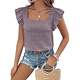 SHEWIN Women's Casual Summer Square Neck Tank Tops Sleeveless Ruffle Chiffon Blouses Top Shirts