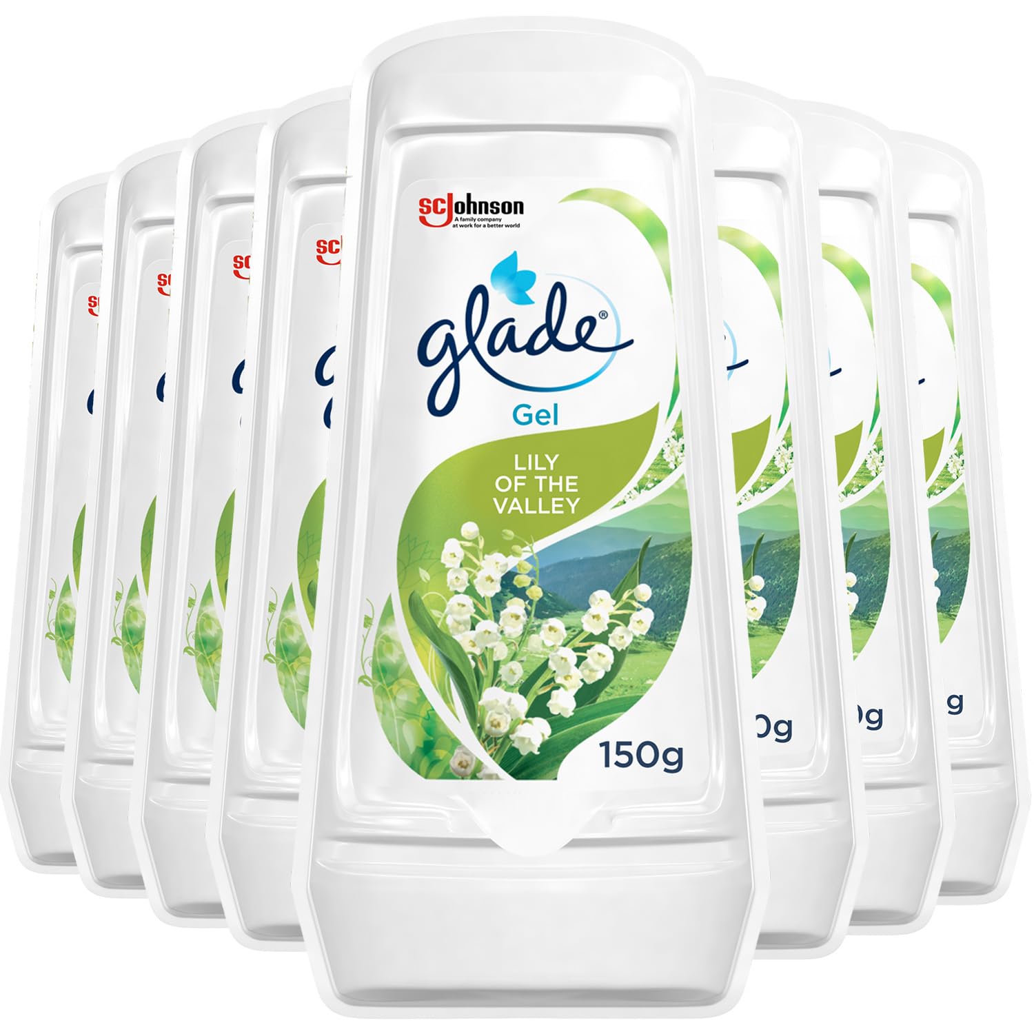 Glade Solid Gel Air Freshener, Odour Eliminator for Home & Bathroom, Lily of The Valley, Pack of 8 (8 x 150g)