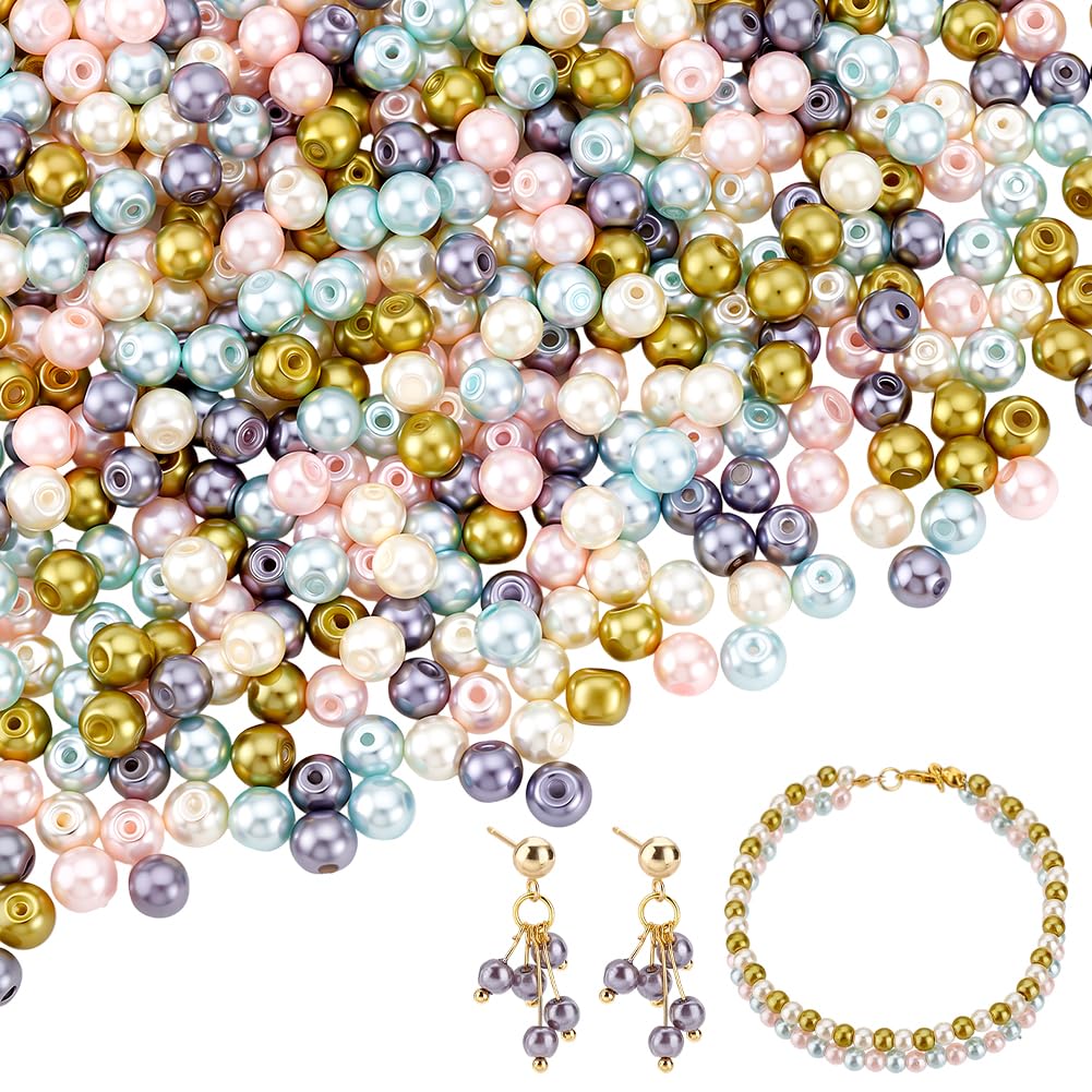 PH PandaHall 400pcs 4mm Glass Pearl Beads, Round Loose Spacer Beads Pearlized Luster Bead for Bracelets, Earring and Necklace Making, Mixed Color, Hole 1mm