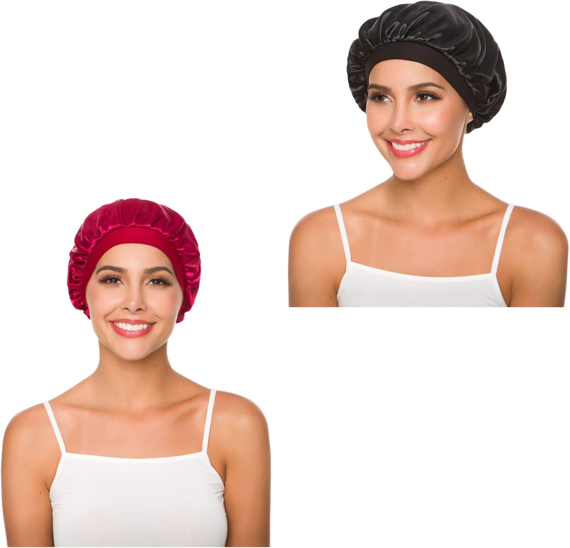 2Pack Women’s Wide Band Soft Silky Satin Bonnet Night Sleep Hat Hair Loss Cap for Frizzy Natural Hair (Black+Red)