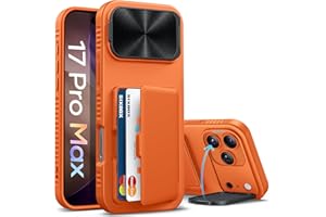 SIXBOX for iPhone 17 Pro Max Case with Credit Card Holder, Built-in Camera Cover & Stand, Silicone Bumper Raised Edge Full Body Protective Phone Cover Case for iPhone 17 Pro Max 6.9" 2025, Orange