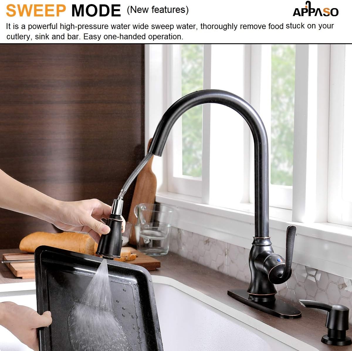 APPASO Single Handle Pull Down Kitchen Faucet with Sprayer Oil Rubbed Bronze - Antique One Hole High Arc Pull Out Kitchen Sink Faucets and Soap Dispenser - - 