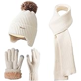 Winter Beanie Hat Scarf Gloves Set for Women, Classic Beanie with Removable Pom Pom Long Scarf Touchscreen Gloves 3 in 1 Set
