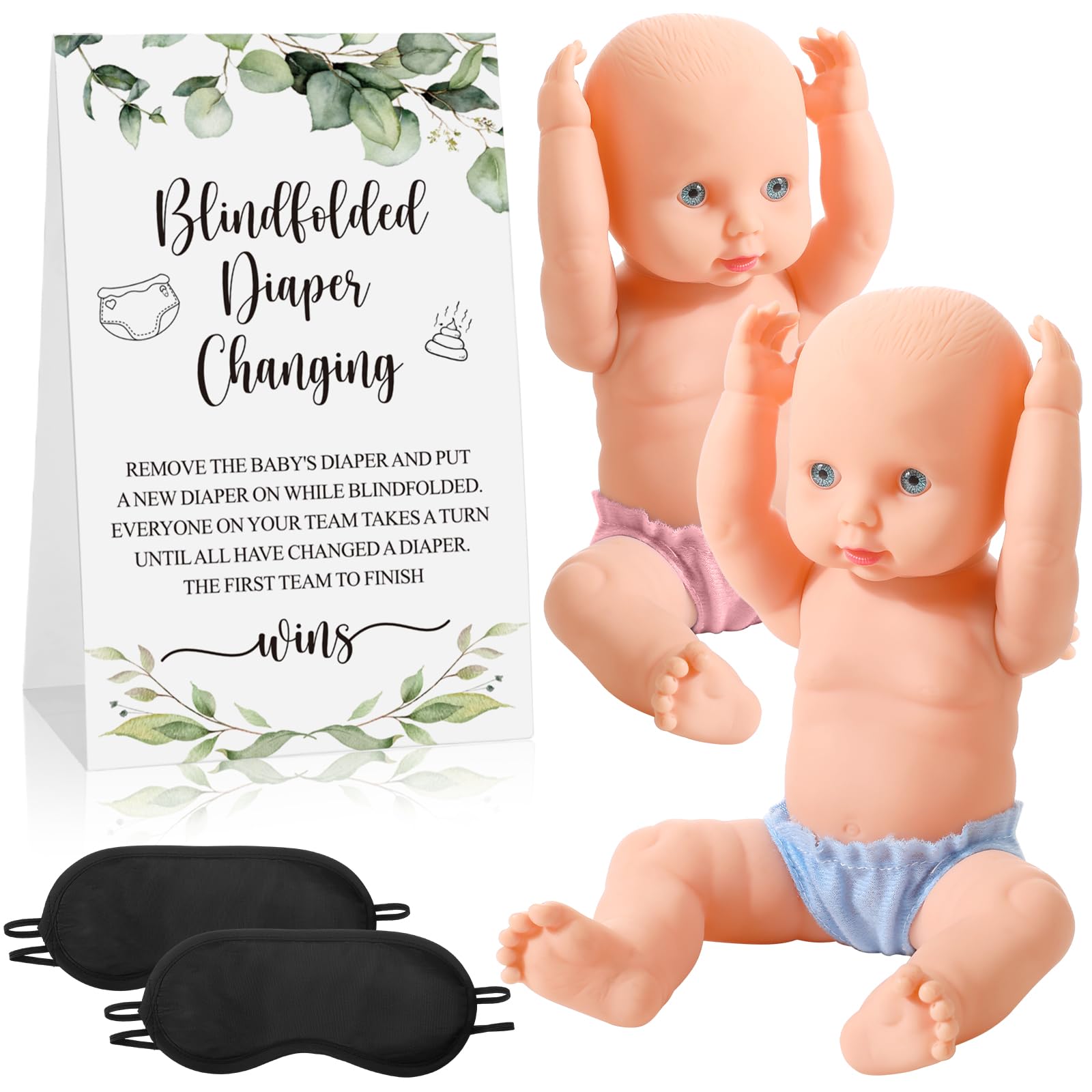 Photo 1 of Hollowfly 5 Pcs Baby Dolls for Shower Game Blindfold Diaper Changing Game Set Include 2 Baby Doll 2 Blindfold 1 Diaper Blinder Sign for Boy and Girl Gender Reveal(Greenery)