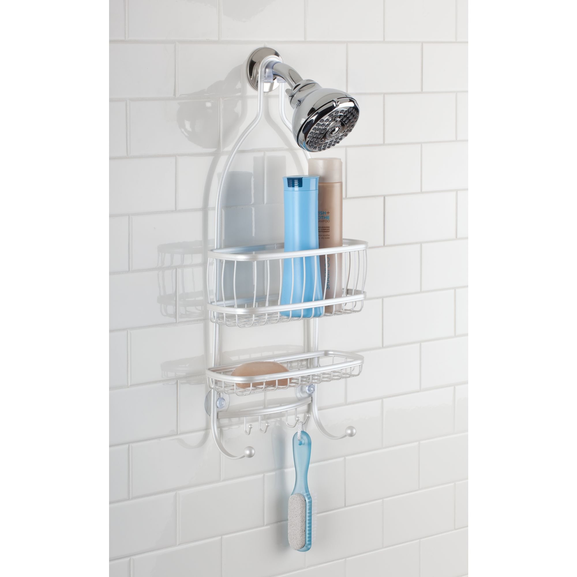 iDesign York Metal Wire Hanging Shower Caddy, Extra Wide Space for Shampoo, Conditioner, and Soap with Hooks for Razors, Towels, and More, 10" x 4" x 22", Pearl White