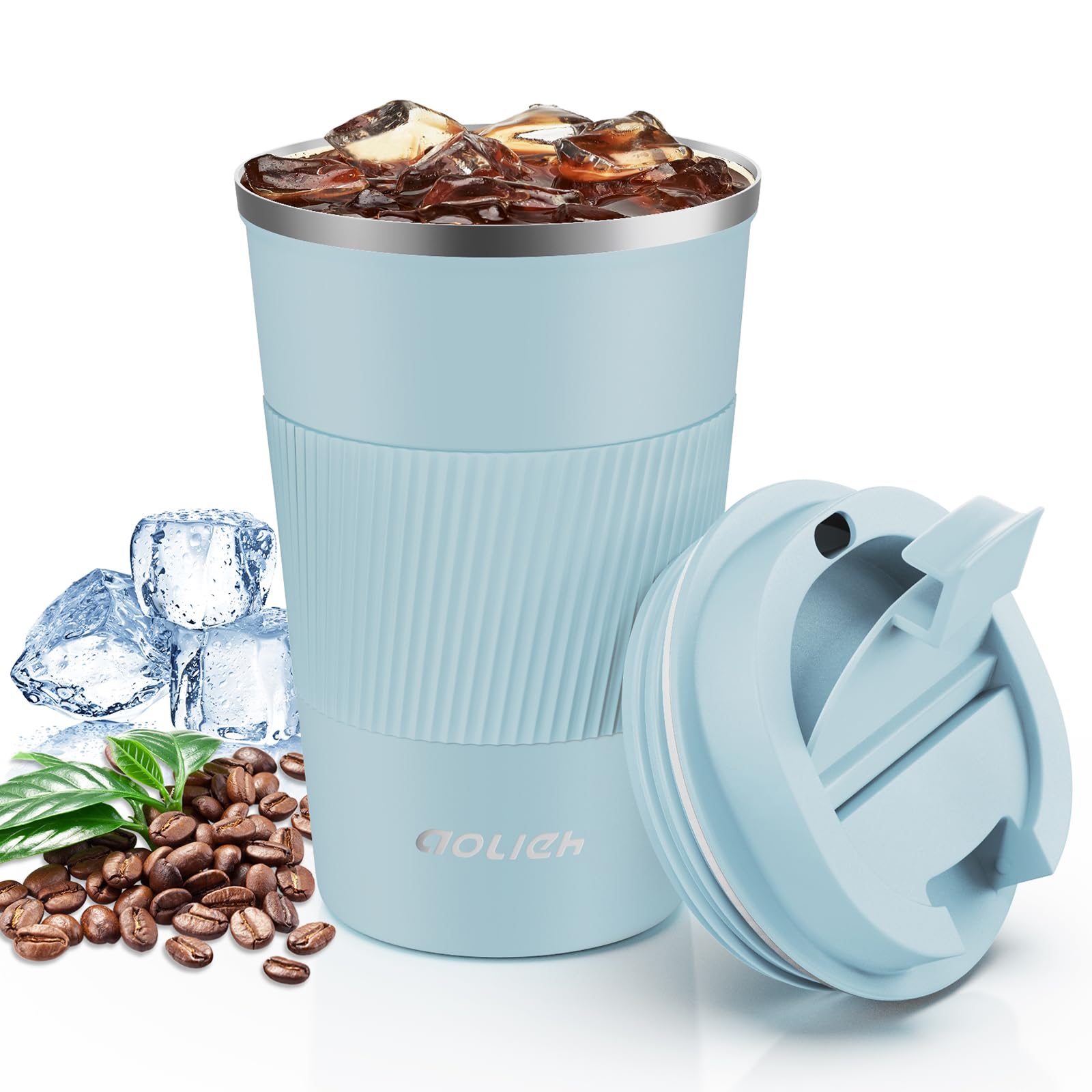 Aolieh Travel Mug 380 ml, Insulated Coffee Cup with Lid, Reusable Stainless Steel Thermal Cup for Coffee, Tea & Cold Drinks, Leak-Resistant Double-Walled Travel Mug, Light Blue