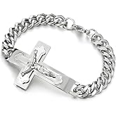 Mens Stainless Steel Jesus Christ Crucifix Cross Bracelet Curb Chain Silver Gold Color Polished