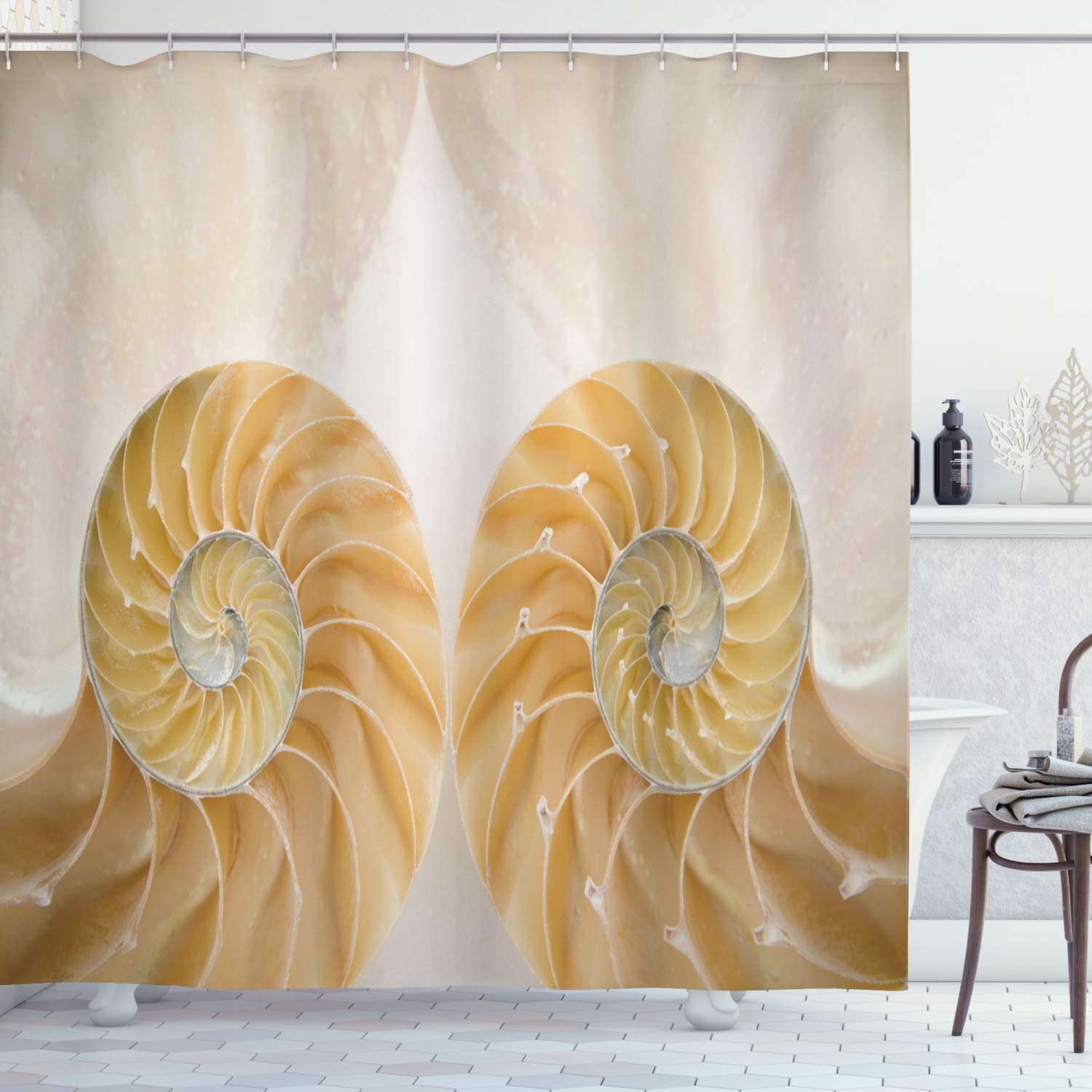 ABAKUHAUS Seashells Shower Curtain, Close-up Inside out 2 Sides of Seashell Geometric Mirrored Symmetric Vision, Cloth Fabric Bathroom Decor Set with Hooks, 78 Inches, Cream White